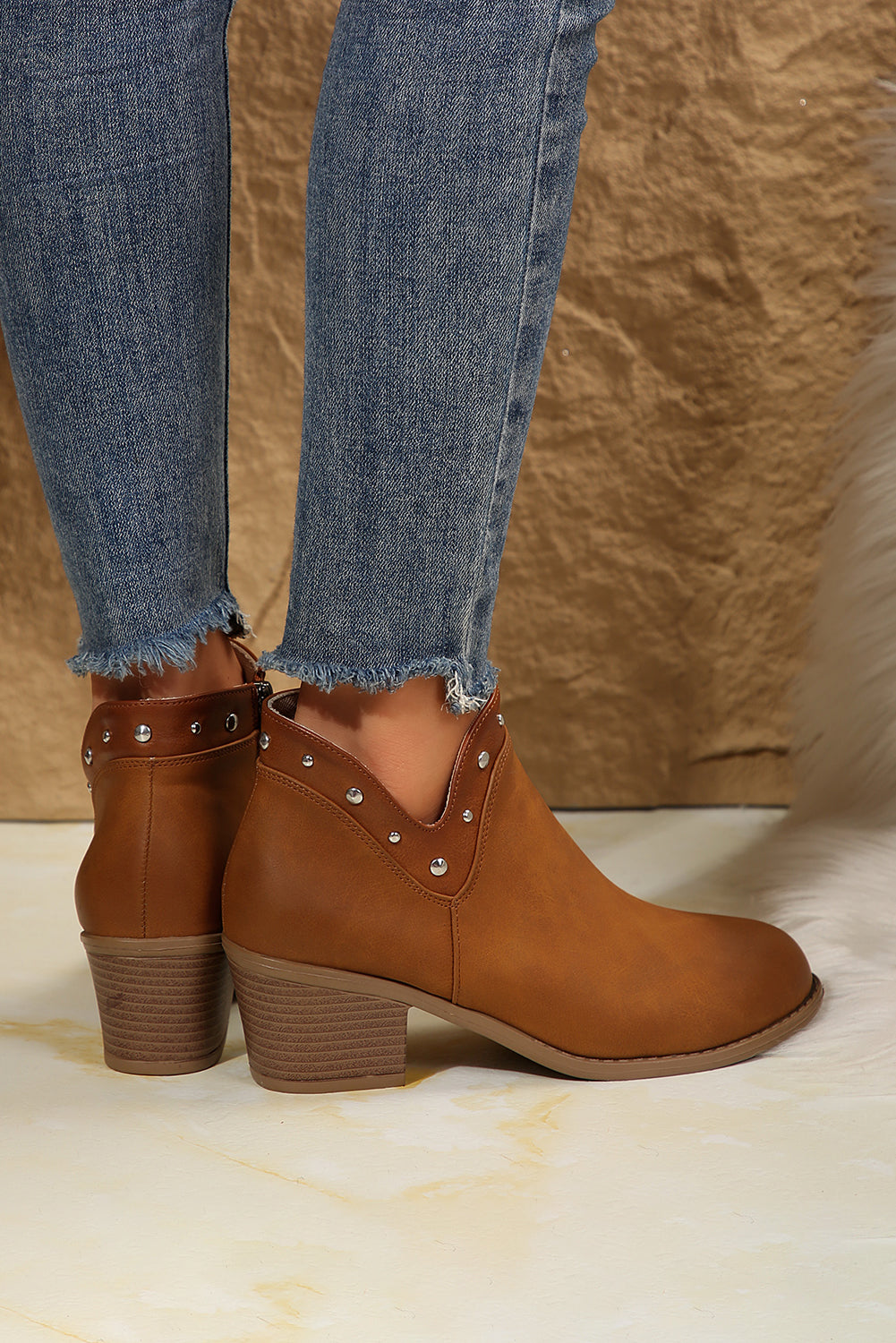 Studded Faux Leather Chunky Heel Ankle Boots