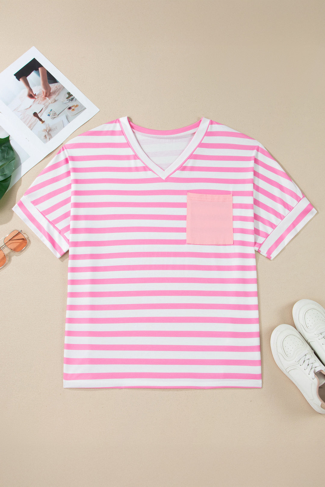 Pink Stripe Patched Pocket V Neck Plus Size Tee