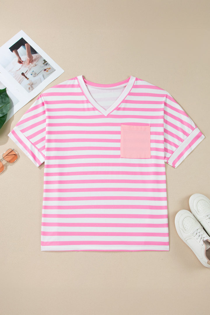Pink Stripe Patched Pocket V Neck Plus Size Tee
