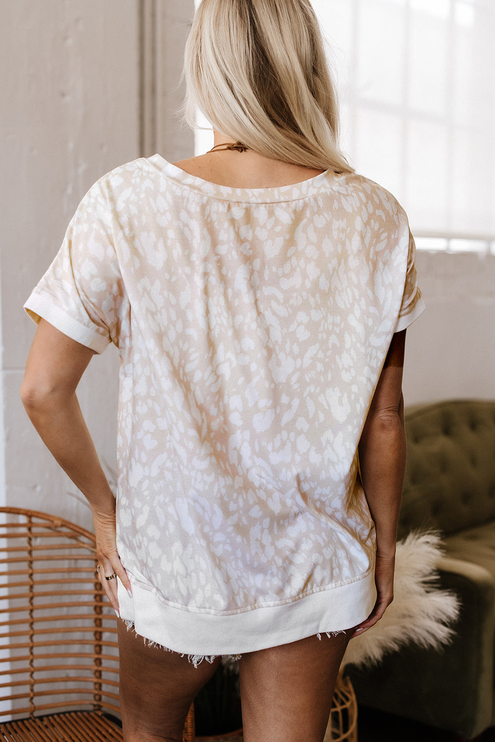 leopard print v neck side slit loose fit t shirt