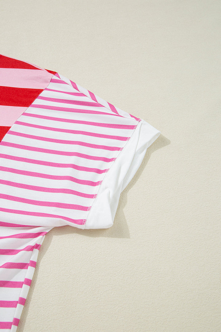 Patchwork Round Neck Side Split Loose T Shirt