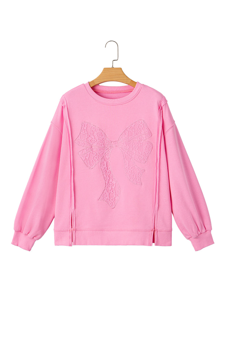 Lace Insert Bow Embroidered Exposed Seam Sweatshirt