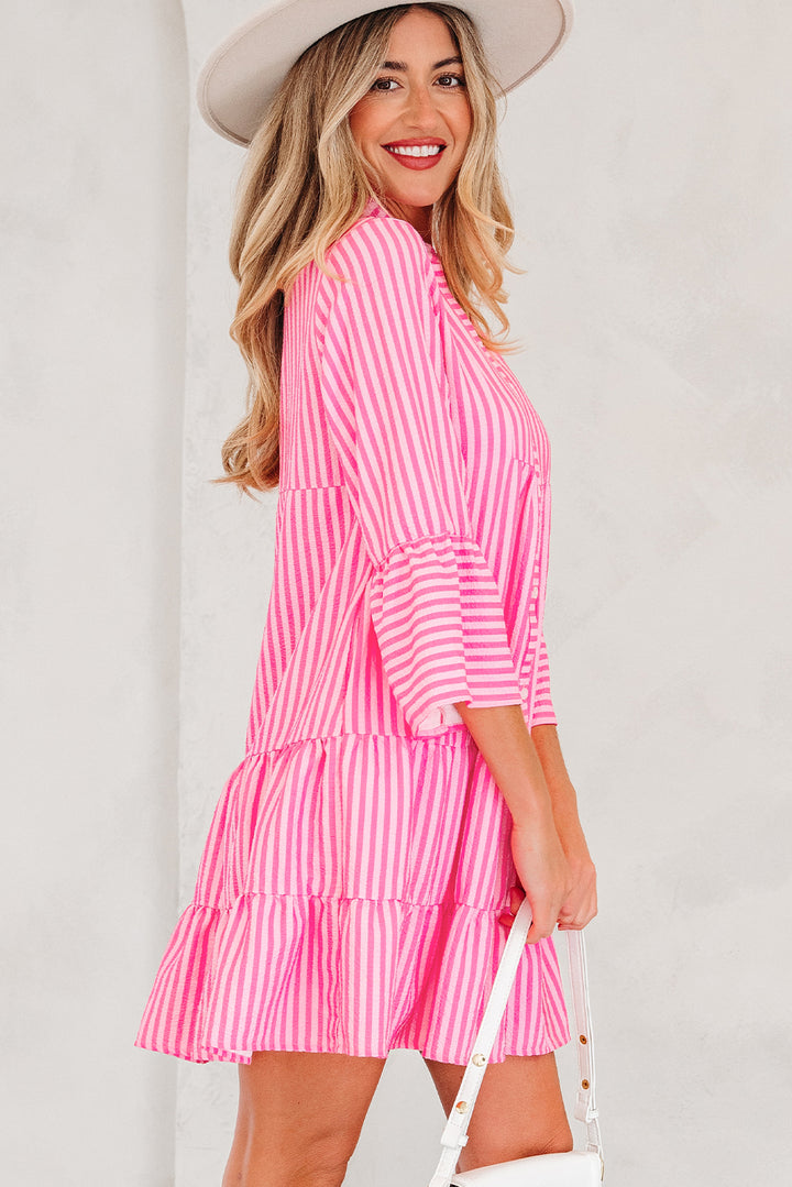 Flare Sleeve Half Placket Tiered Flowy Mini Dress