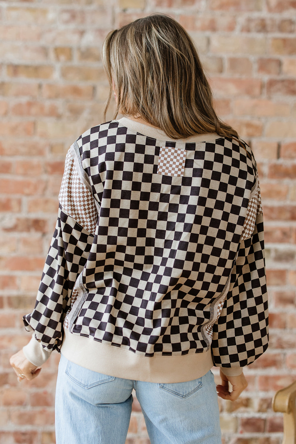Mixed Checkered Pattern Patchwork High Low Casual Top