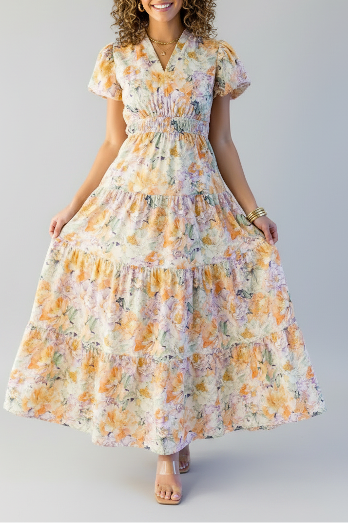 Orange Floral Bubble Sleeve V Neck Flared Maxi Dress