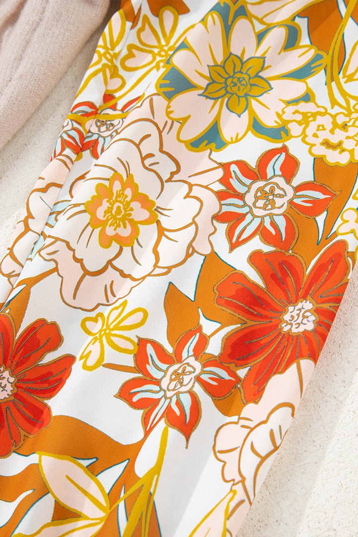 Cable Knit Ruffle Detail Contrast Floral Sleeve Patchwork Sweater