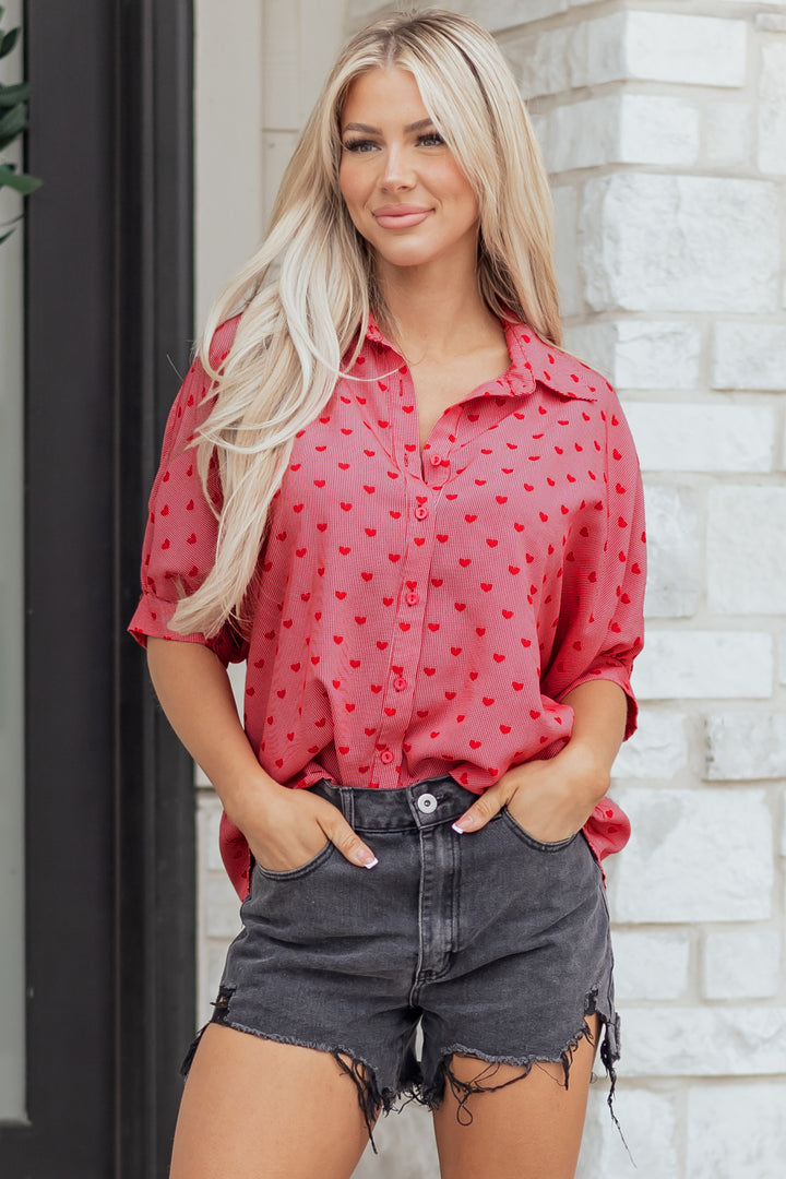 Heart Shape Print Half Sleeve Loose Valentine Shirt