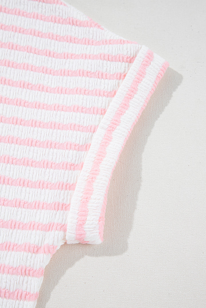 Pink Stripe Knitted Short Sleeve Top and Drawstring Shorts Set