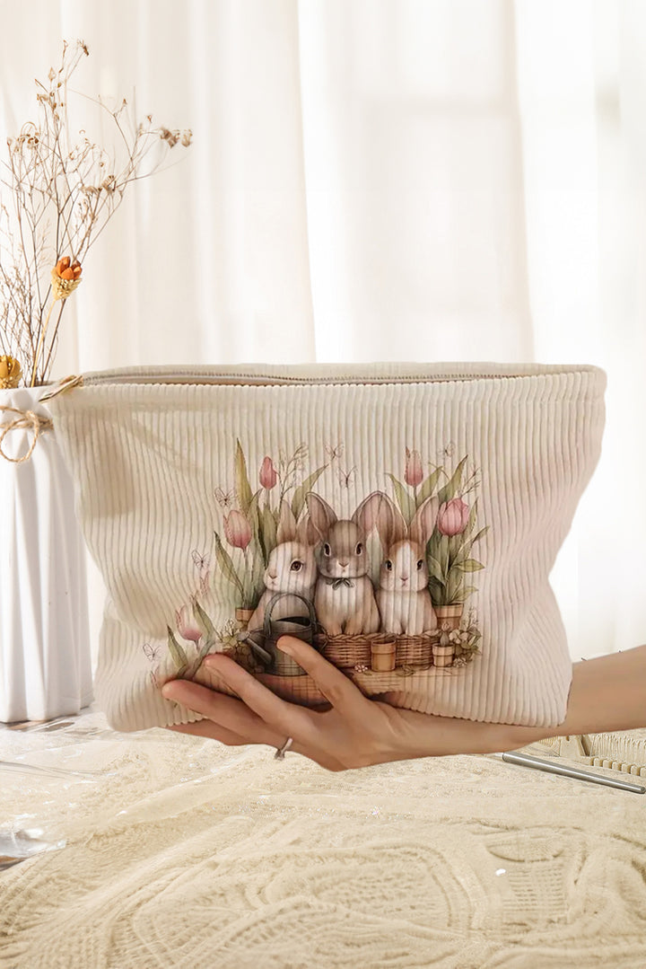Eater Bunny Print Corduroy Zipper Cosmetic Bag