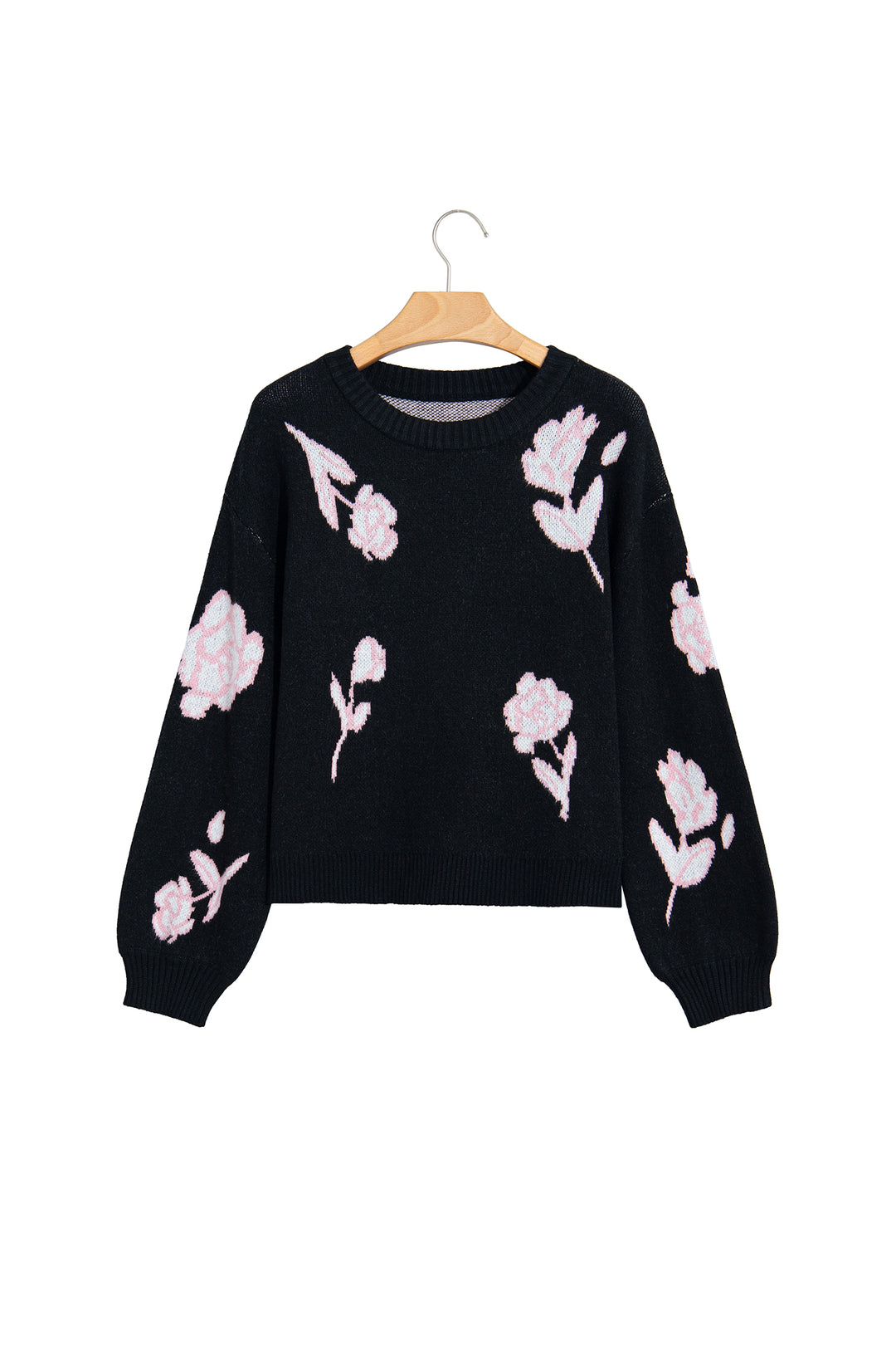 Black Floral Pattern Puff Sleeve Dropped Shoulder Pullover Sweater