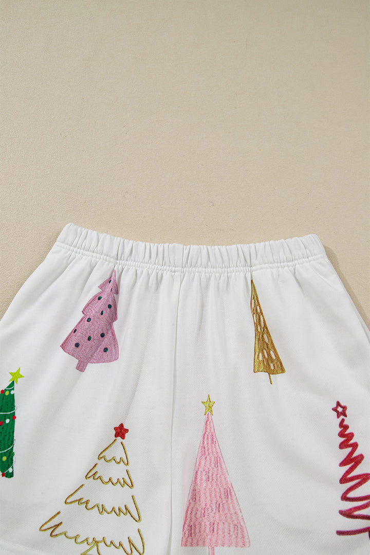 White Stripe Multi Christmas Tree Long Sleeve Top and Shorts 2pcs Lounge Set