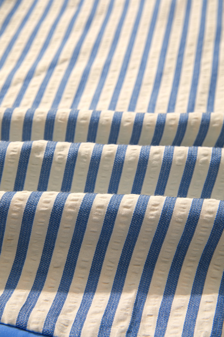 Sky Blue Stripe Color Block Detail V Neck Short Sleeve Blouse
