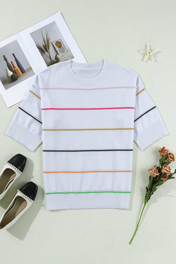 Beau Blue Colorblock Striped Half Sleeve Drop Shoulder Sweater