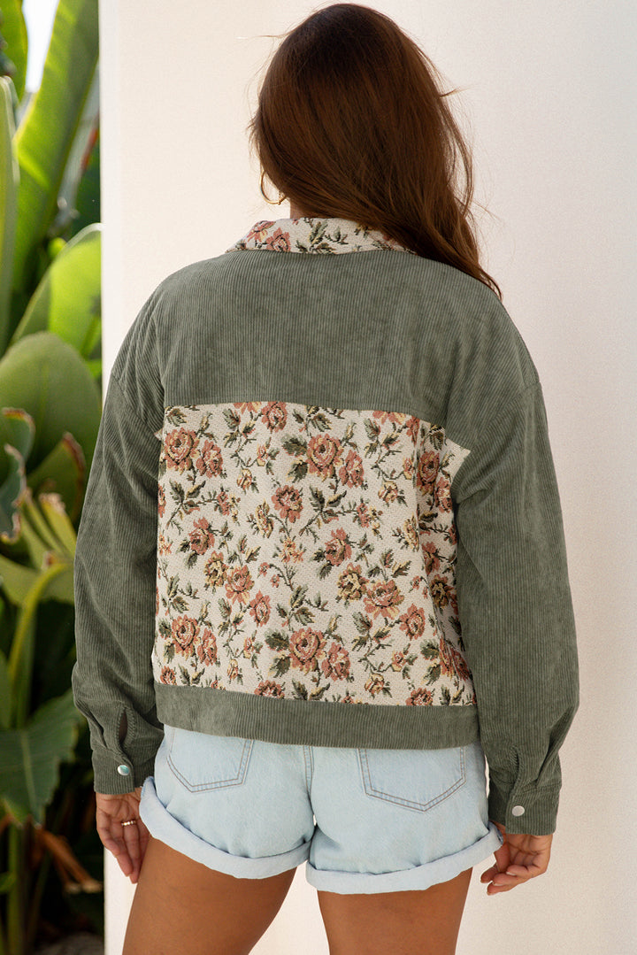 Green Ribbed Retro Floral Patchwork Shirt Style Jacket