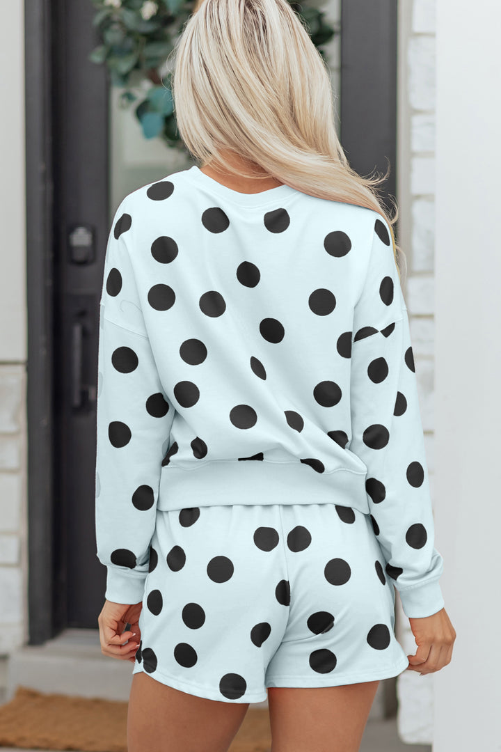 Sky Blue Polka Dot Print Drop Shoulder Pullover Drawstring Shorts Set