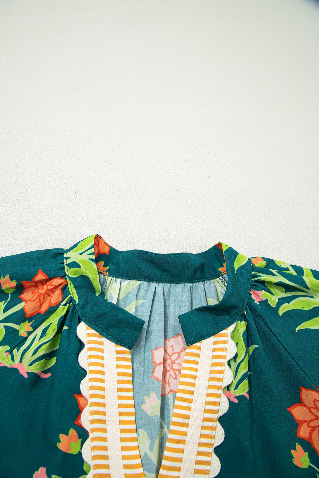 Green Floral Print Contrast Trim Striped Patchwork Short Sleeve Dress