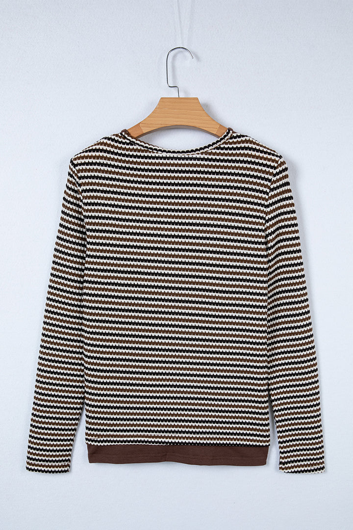 Faux Two Piece Textured Striped Round Neck Long Sleeve T Shirt