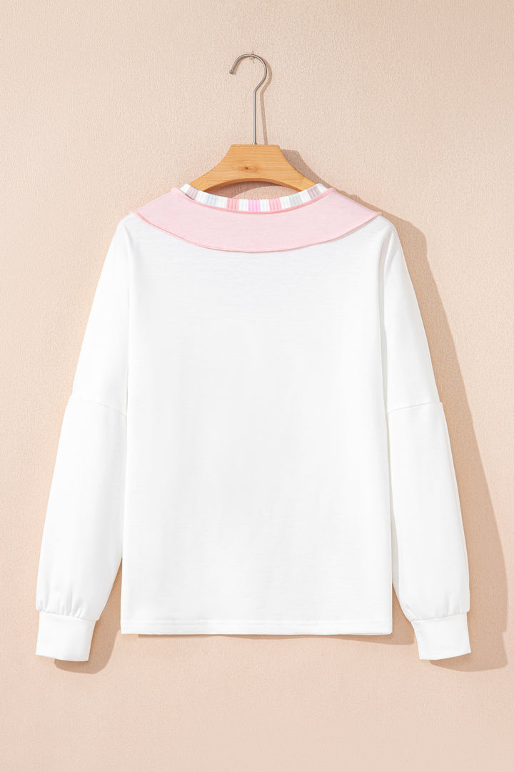 White Exposed Seam Rainbow Stripe Color Block V Neck Loose Long Sleeve Top