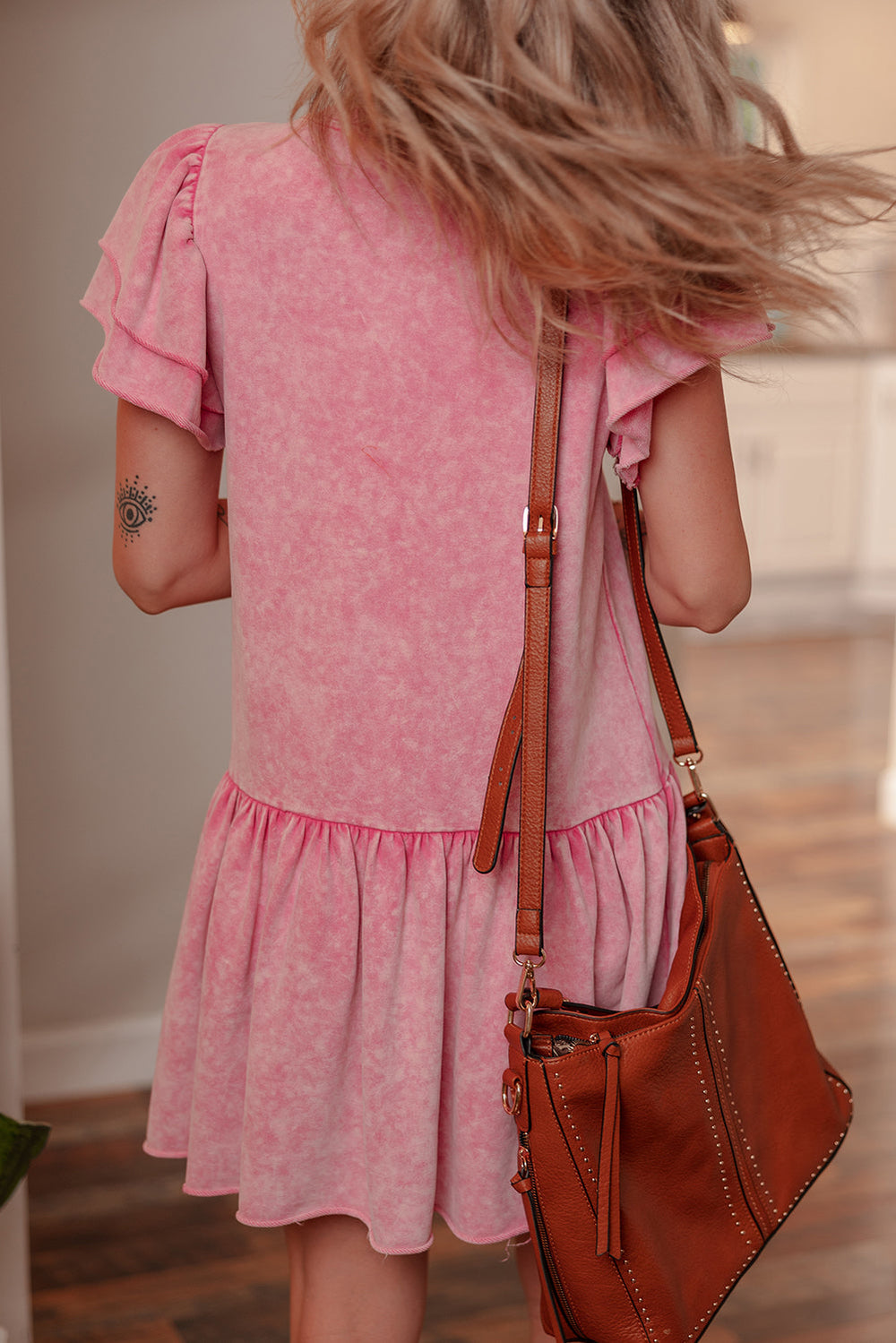 Mineral Wash Raw Edge Ruffle Mini Dress