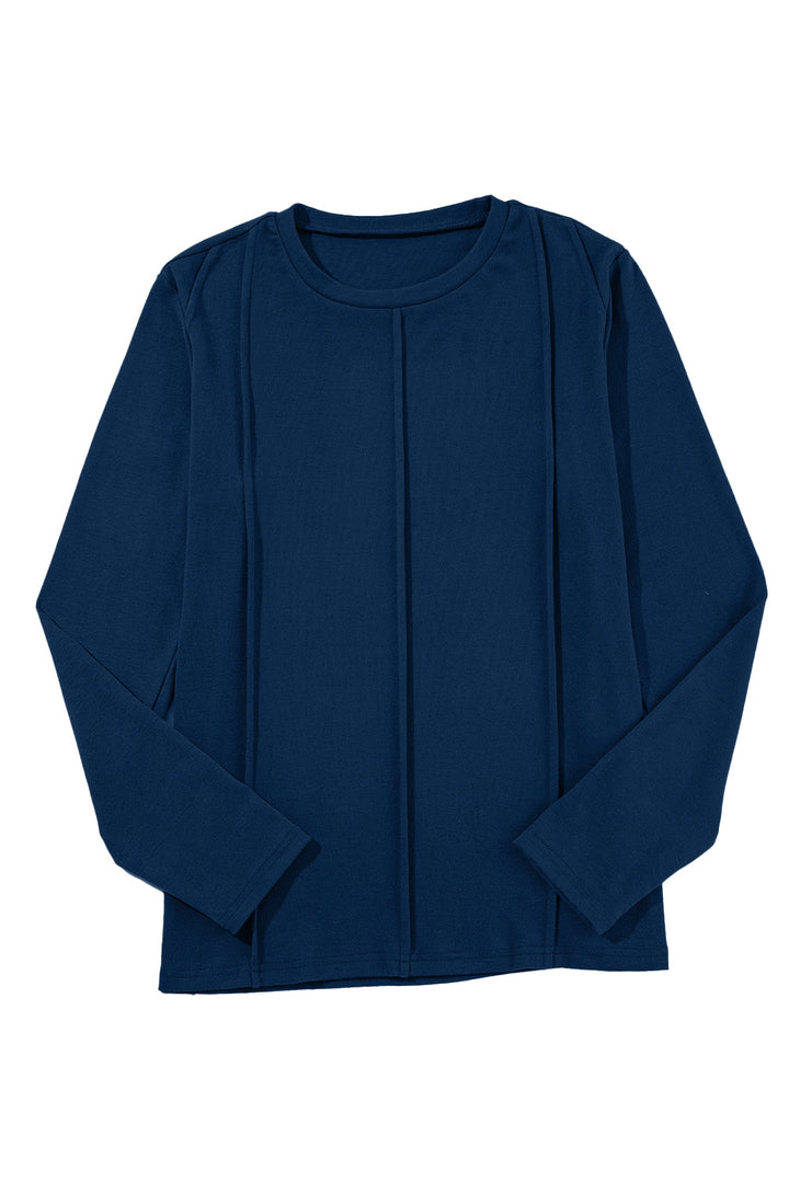 Navy Blue Solid Exposed Seam Crew Neck Long Sleeve Top