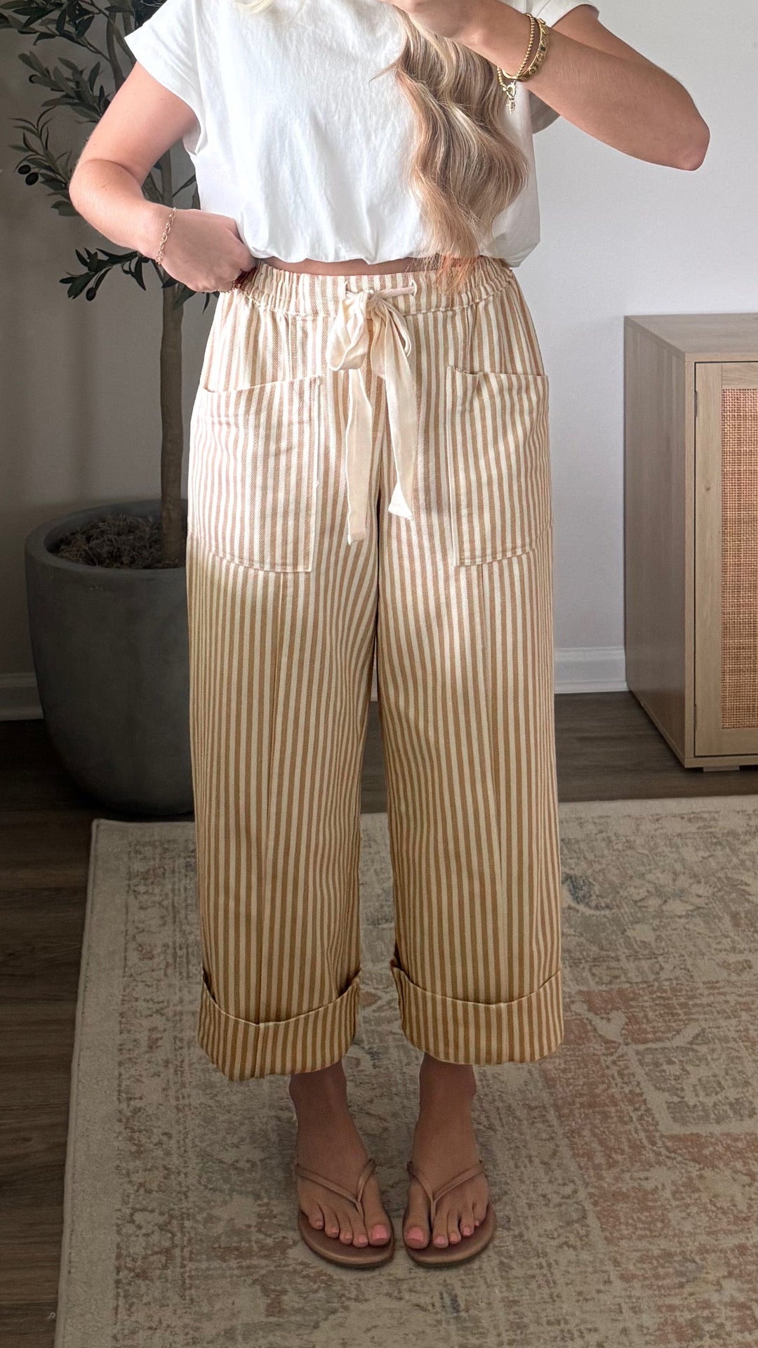Apricot Stripe Ribbon Drawstring Waist Full-Length Cotton Shift Pant