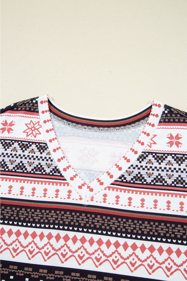 Black Retro Christmas Pattern Loose Pullover 2pcs Lounge Pant Set