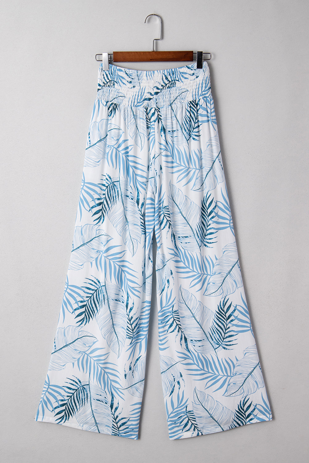 Sky Blue Botanic Print Shirred Waistband Wide Leg Pants