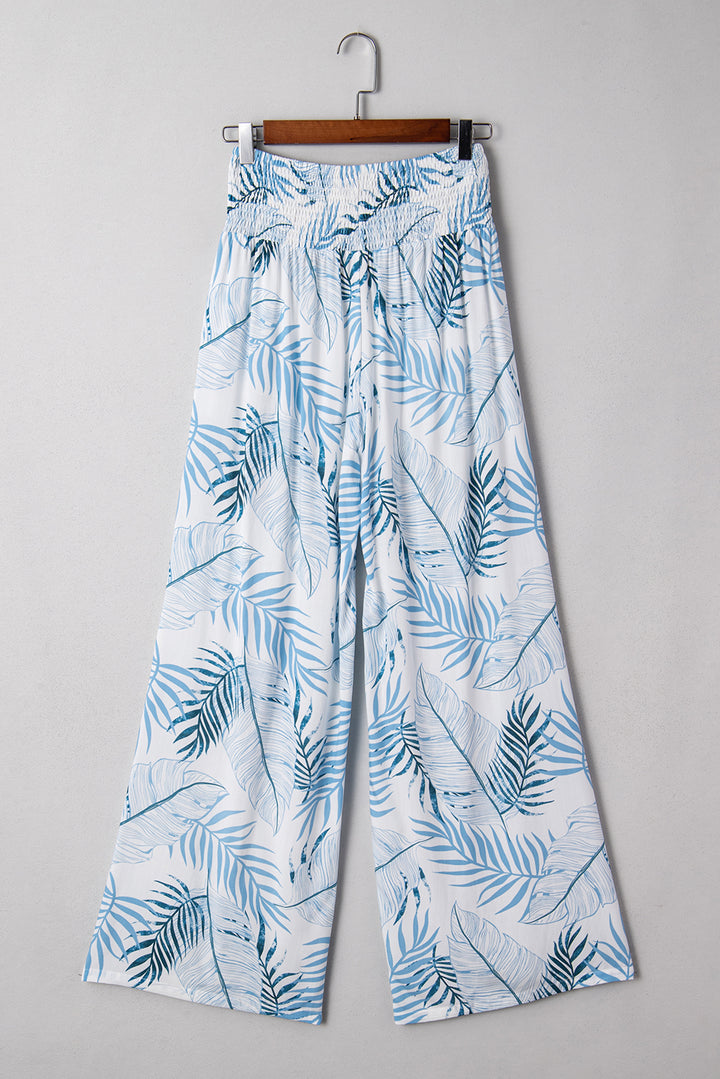 Sky Blue Botanic Print Shirred Waistband Wide Leg Pants