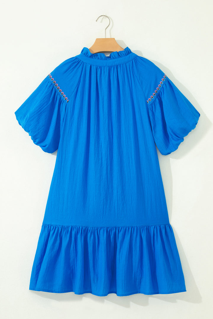 Blue Flower Embroidered Split Neck Short Sleeve Ruffle Hem Dress