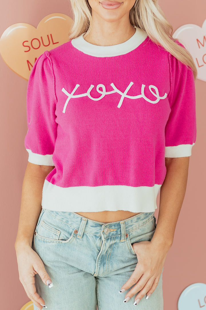 XOXO Embroidered Graphic Valentines Contrast Trim Crew Neck Short Puff Sleeve Sweater Tee