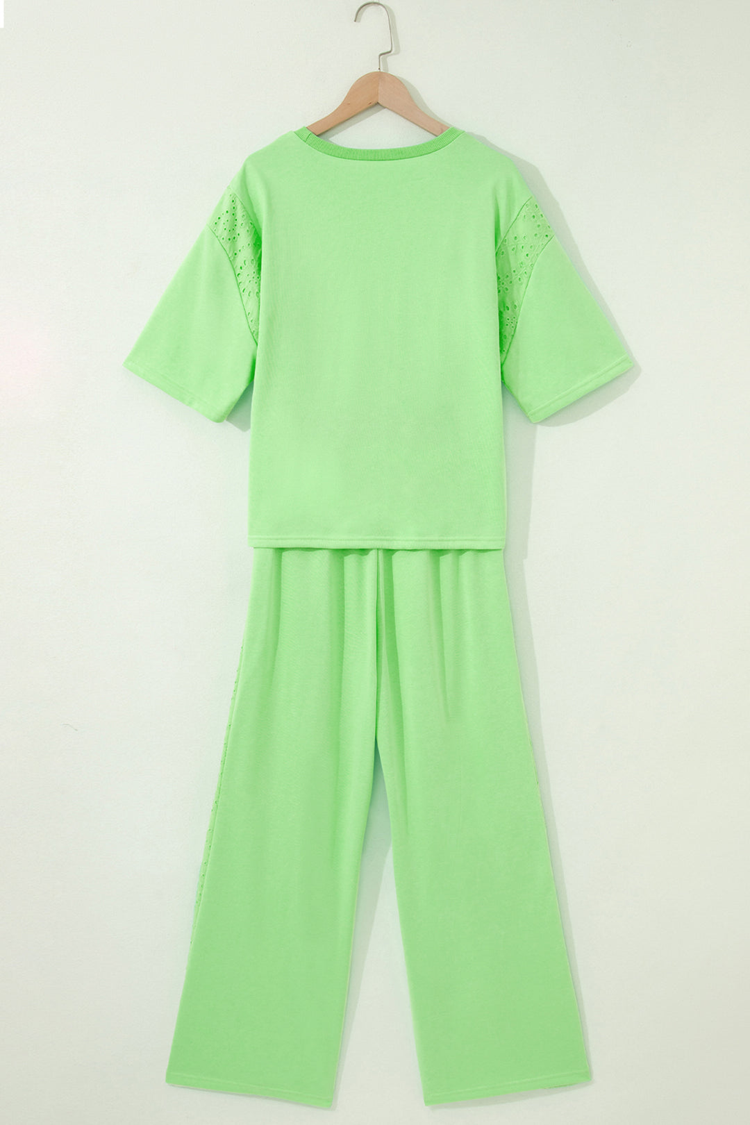 Light Green Lace Patchwork Half Sleeve Top Elastic Waist Pants Two Piece Set