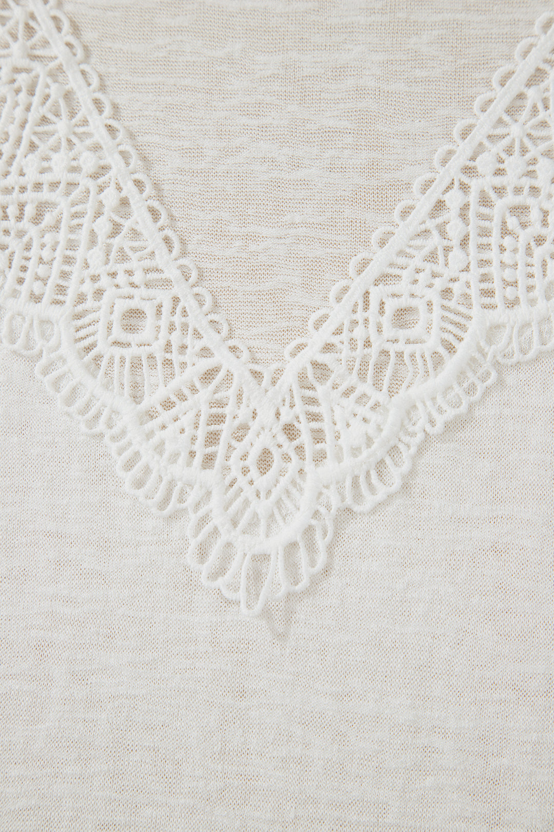 White Hollowed Lace Splicing V Neck T Shirt