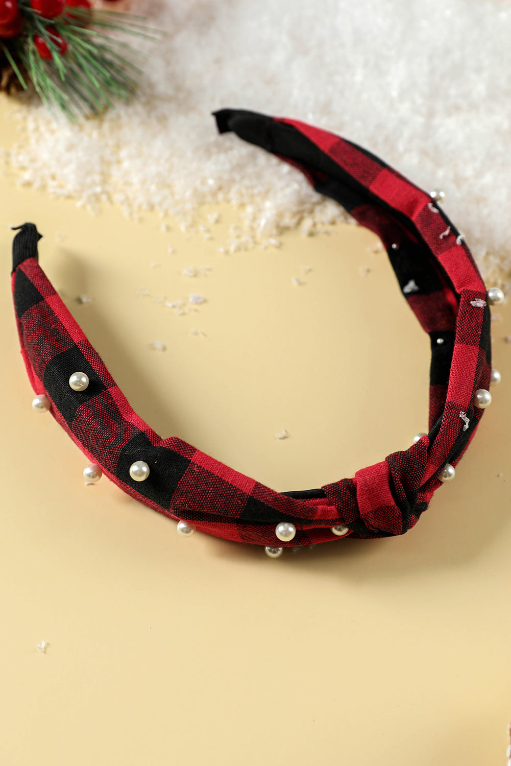 Bandeau noué à carreaux de Noël avec décoration en perles