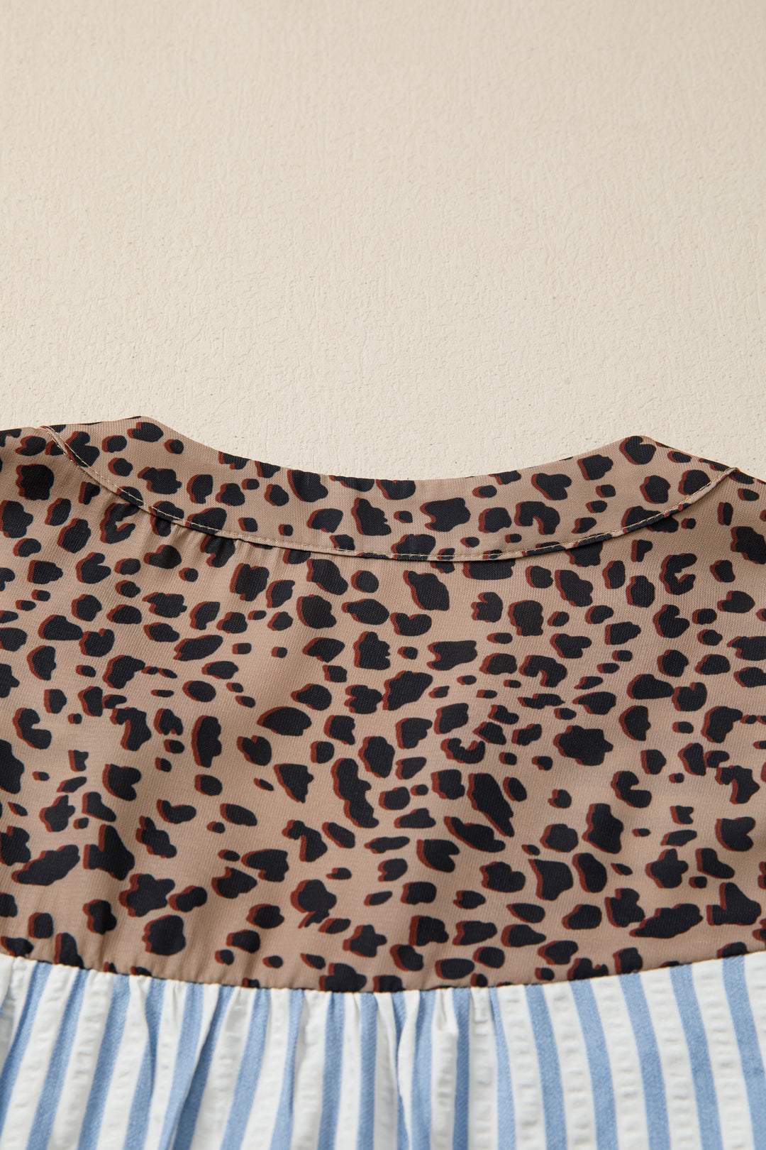 Leopard Trim V Neck Button Down Half Sleeve Shirt