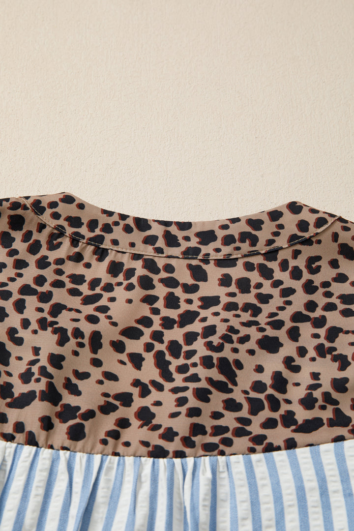 Leopard Trim V Neck Button Down Half Sleeve Shirt