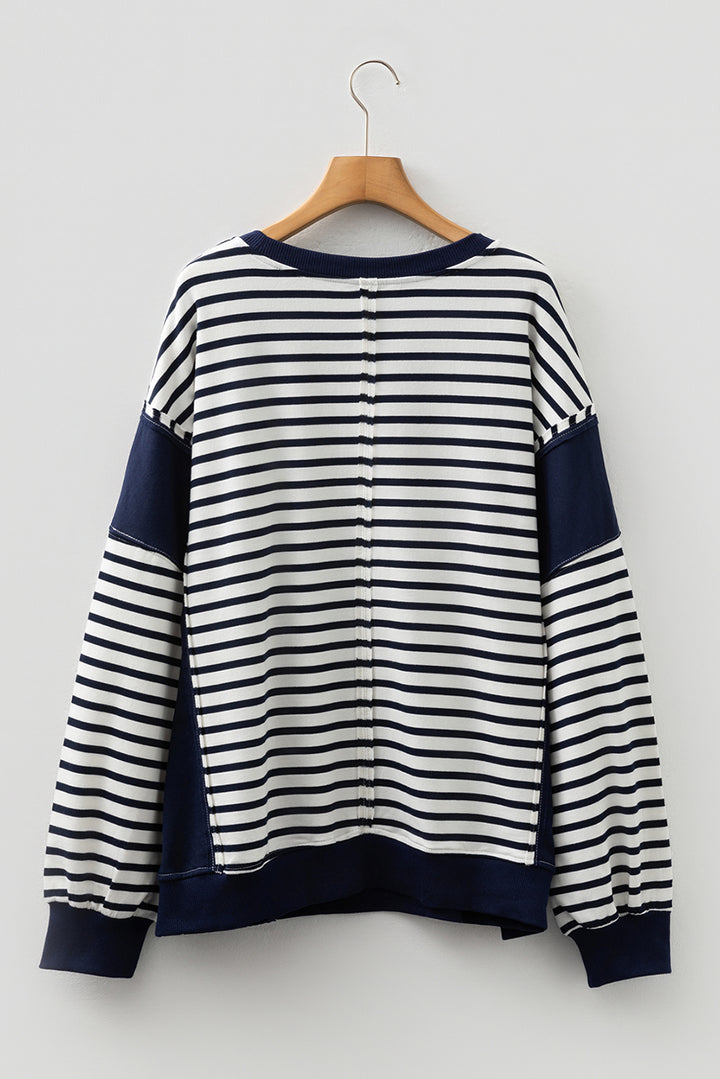 Blue Stripe Contrast Stitched Detail Color Block Patchwork Plus Size Sweatshirt