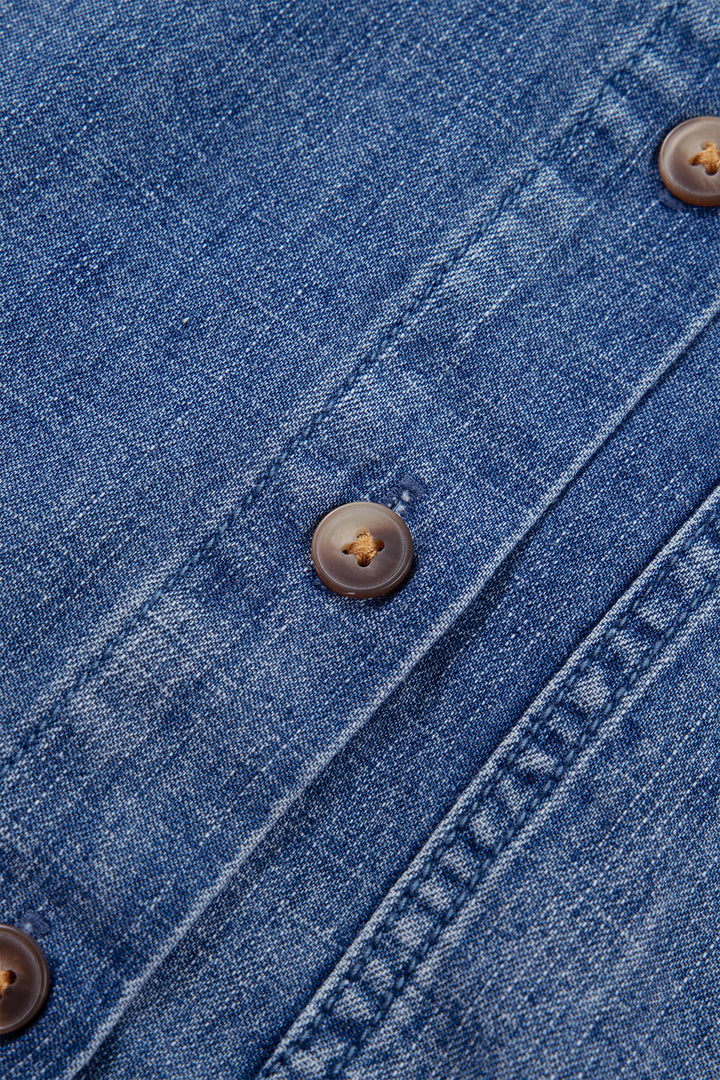 Dusk Blue Three Quarter Sleeve Button Front Loose Denim Shirt