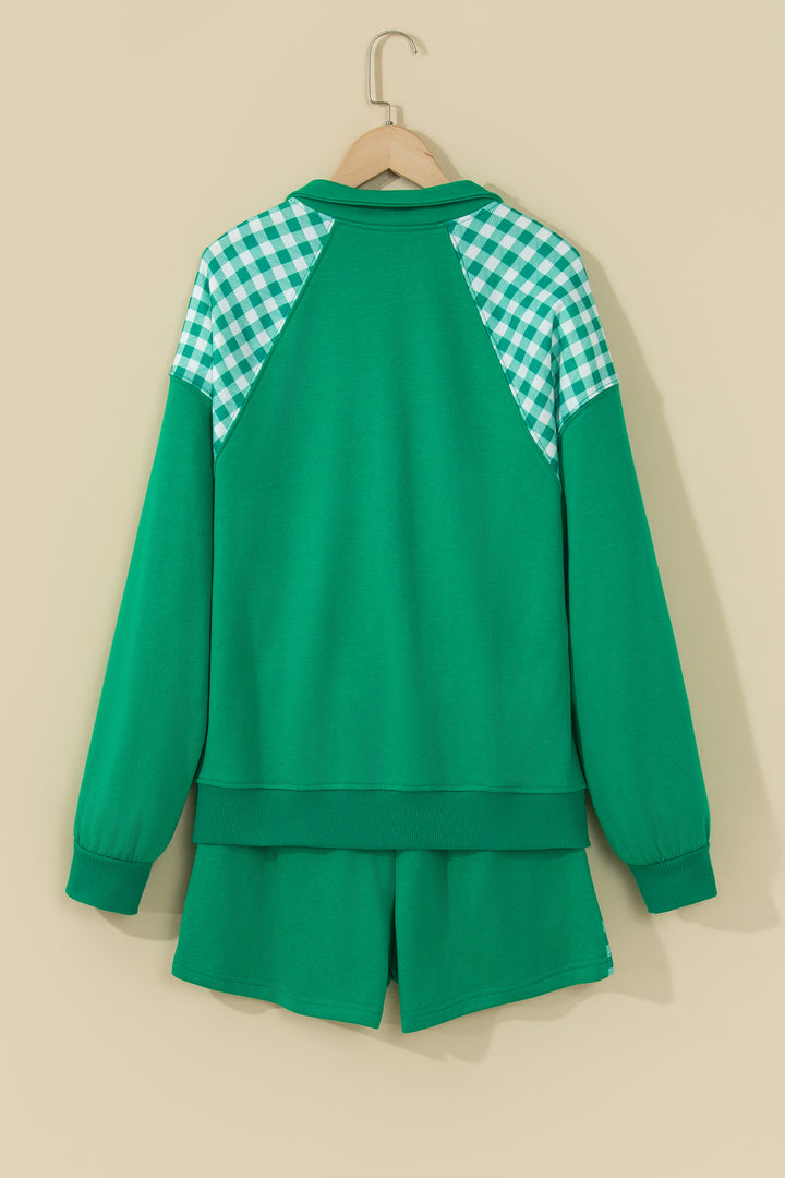 Bright Green Plaid Patchwork Half Zip Pullover Drawstring Short Set