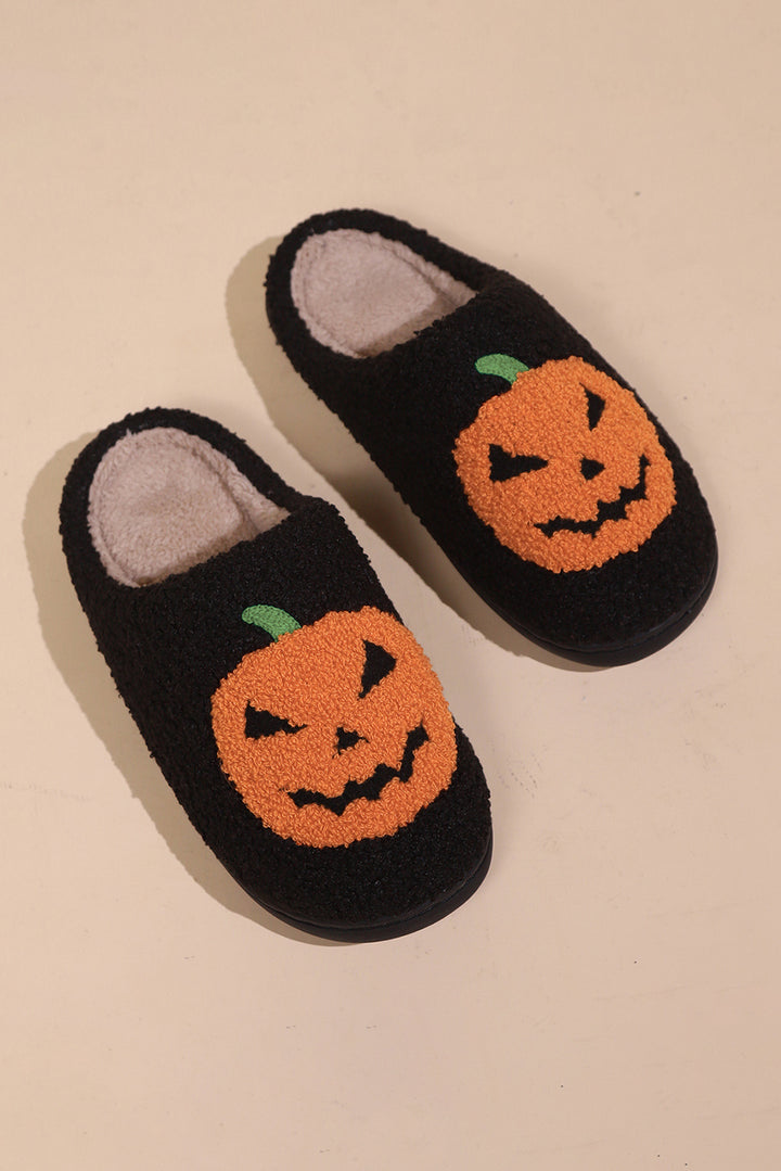 Plüsch-Hausschuhe mit Halloween-Kürbis-Print