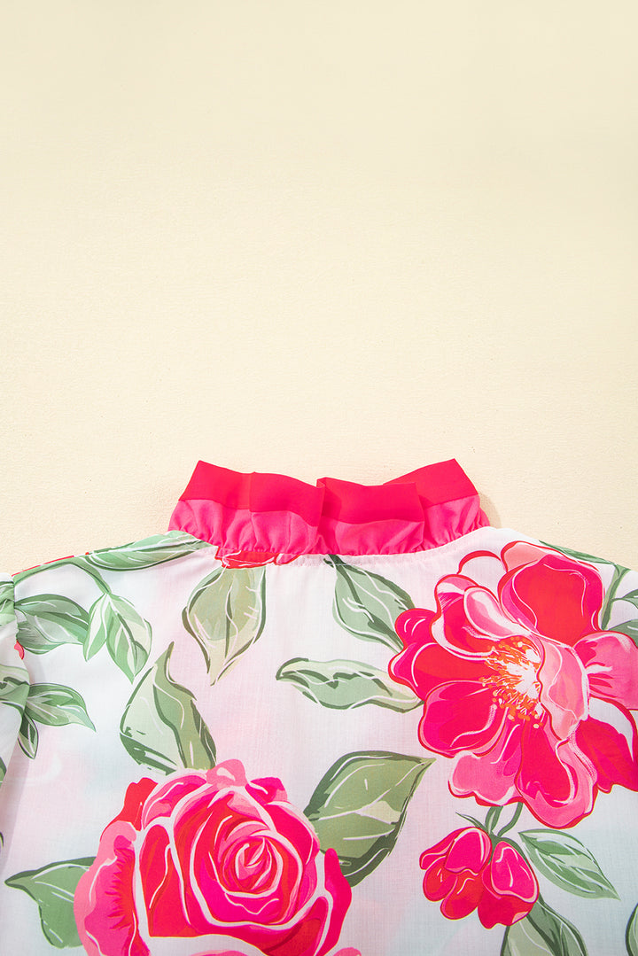 Floral Frilled V Neck Short Sleeve Blouse Top