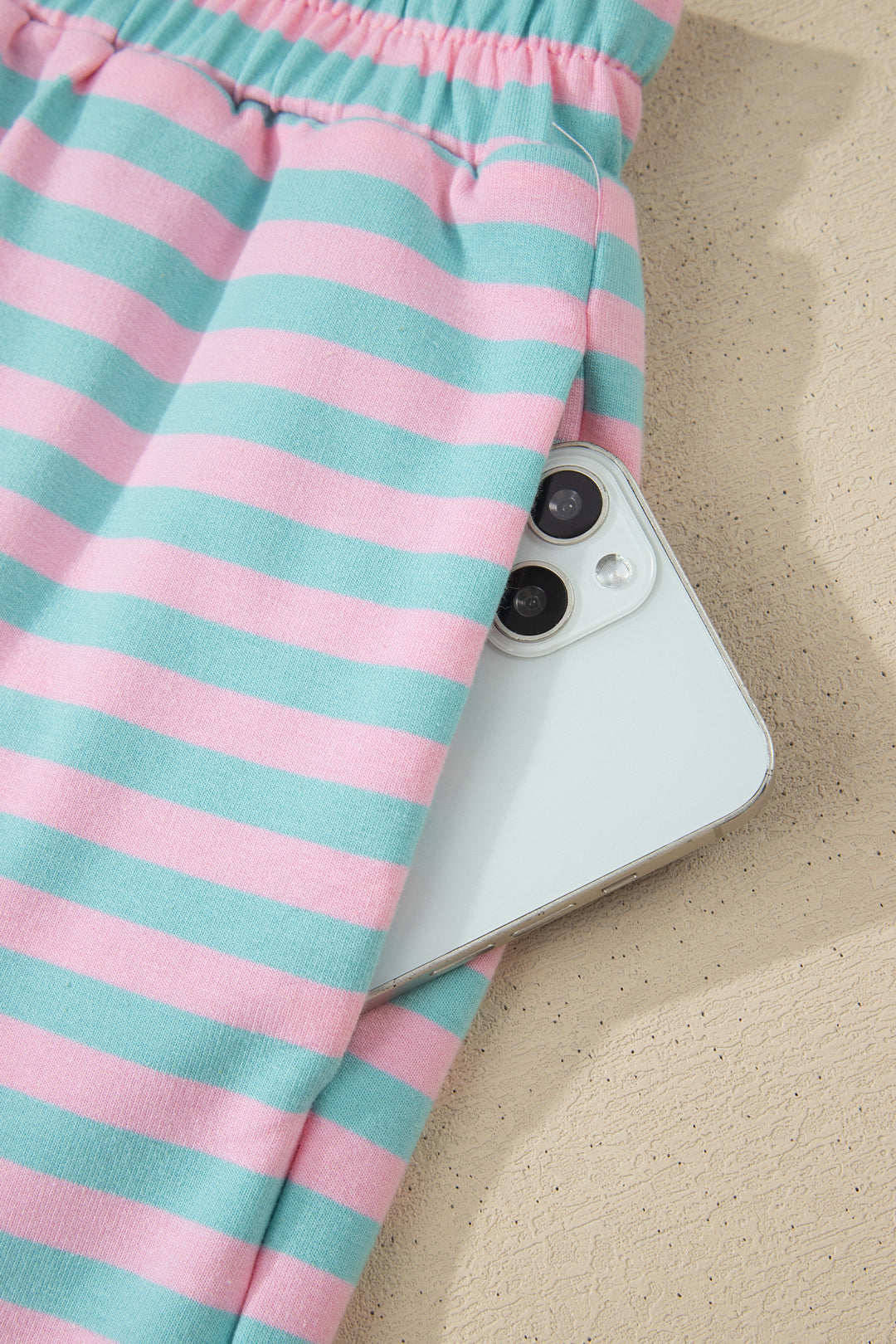 Pink Stripe Color Block Detail Long Sleeve Pullover Elastic Waist Pull On Shorts 2pcs Set