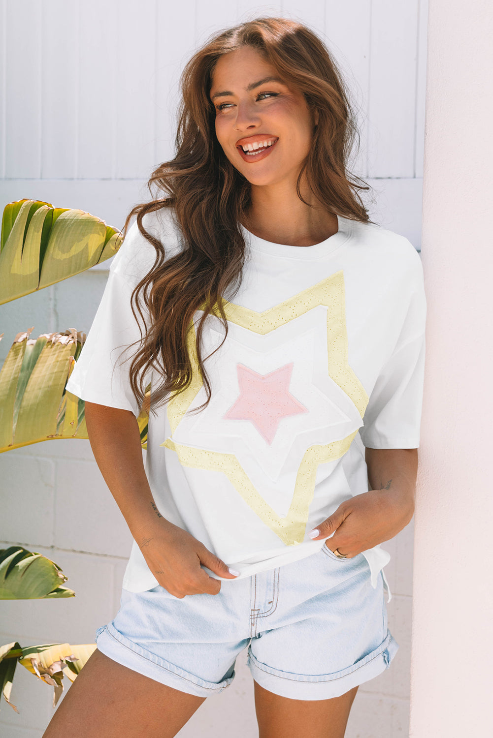 Star Layered Patched Graphic Drop Shoulder Half Sleeve Loose Tee