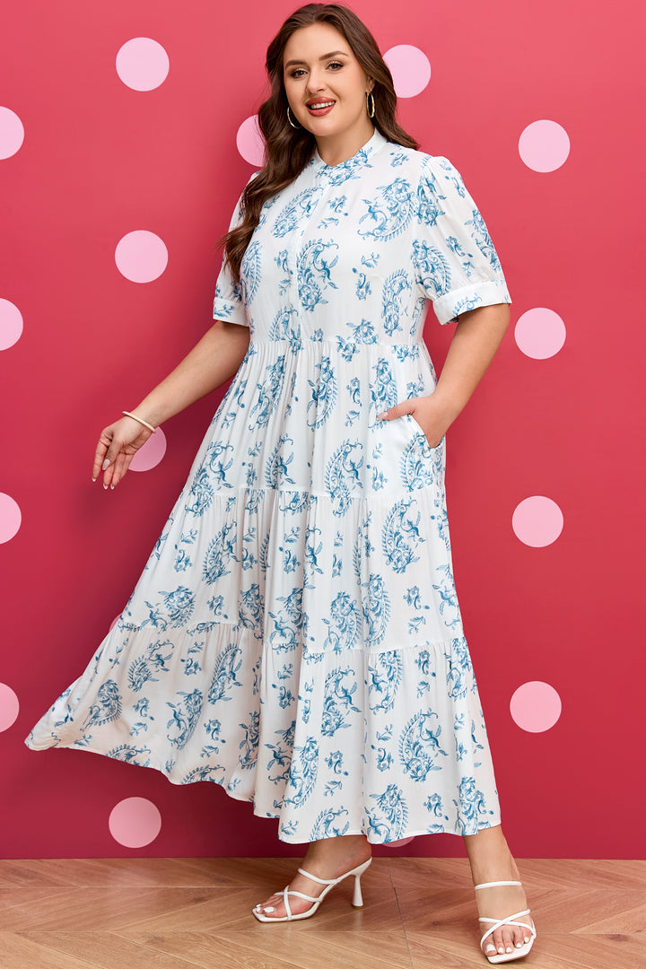 Sky Blue Plus Size Geometric Floral Print Short Sleeve Maxi Dress