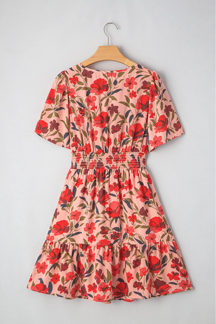 Red Floral Print Wrap V Neck Short Sleeve High Waistband Mini Dress
