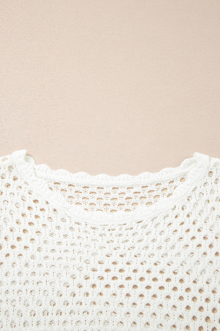 White Scalloped Trim Hollow Out Knit Long Sleeve Top