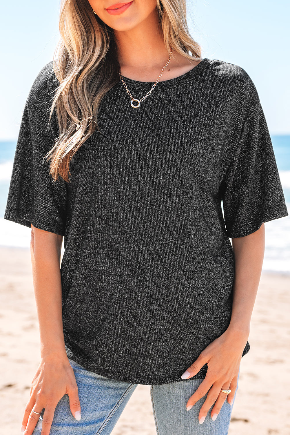Bow Decor Glittery Short Sleeve Top