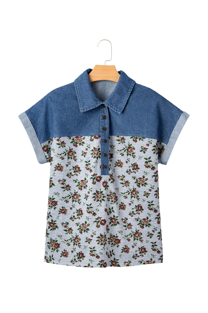 Gray Retro Floral Print Denim Patchwork Buttoned Polo Collar Top