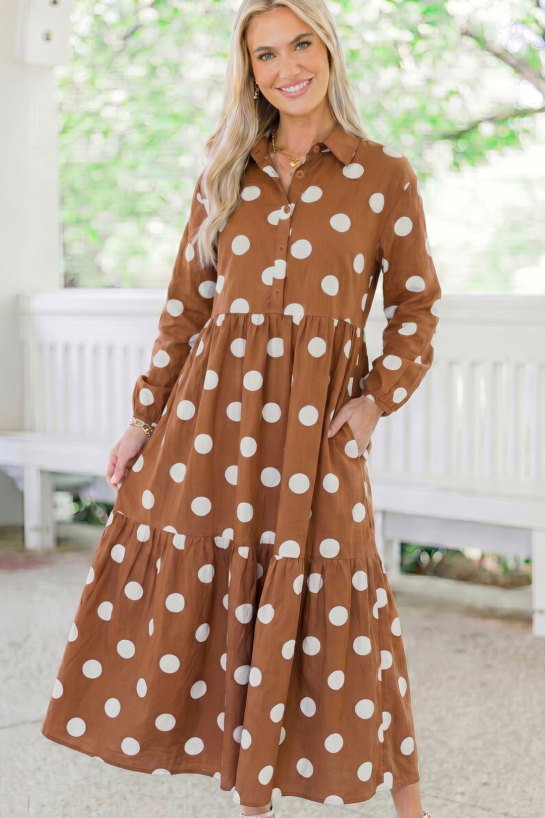 Brown Polka Dot Button Front Long Sleeve Shift Dress – ModeShe