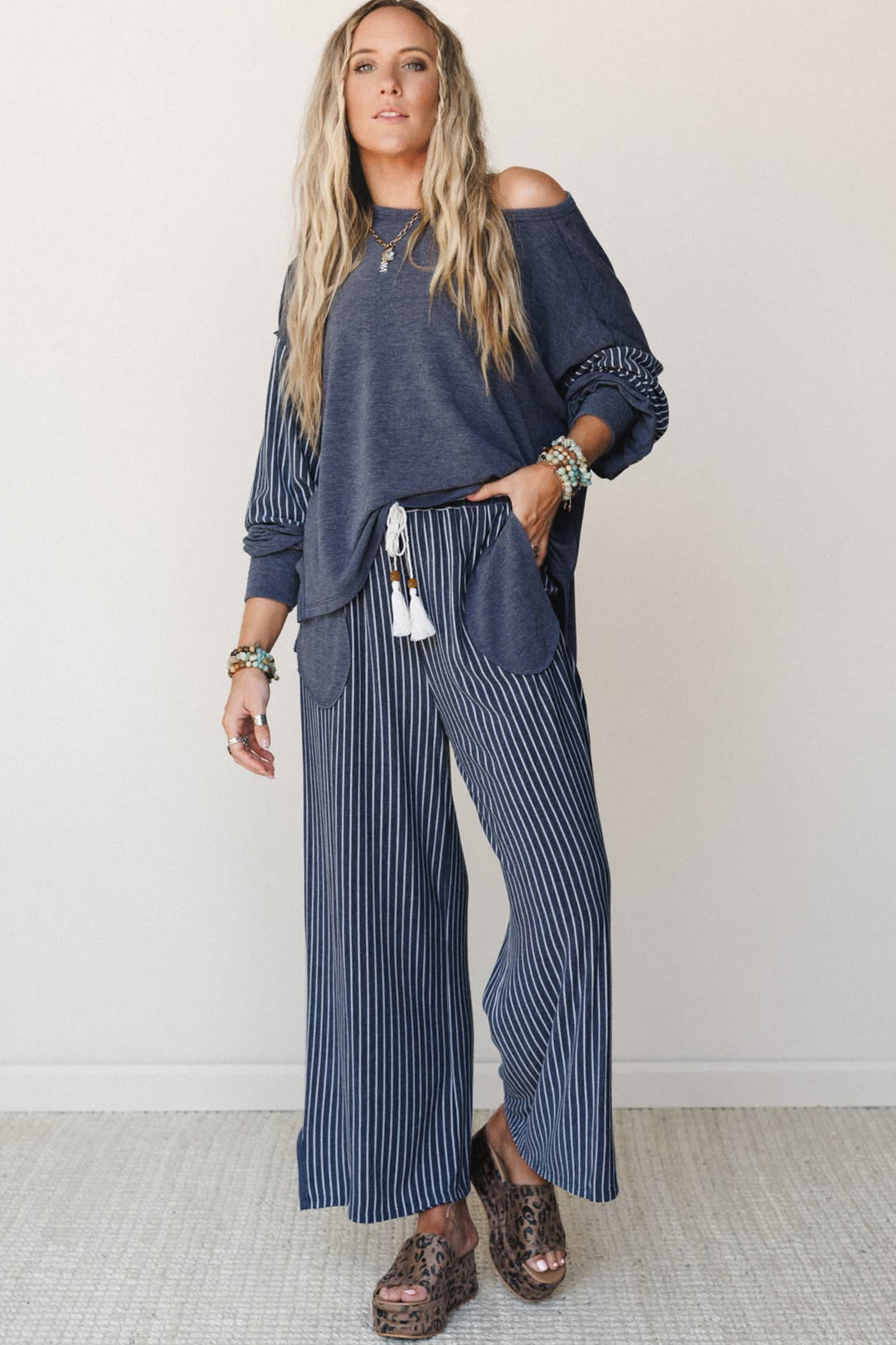 Real Teal Raw Seam Long Sleeve Top Pocket Casual Pants 2pcs Set