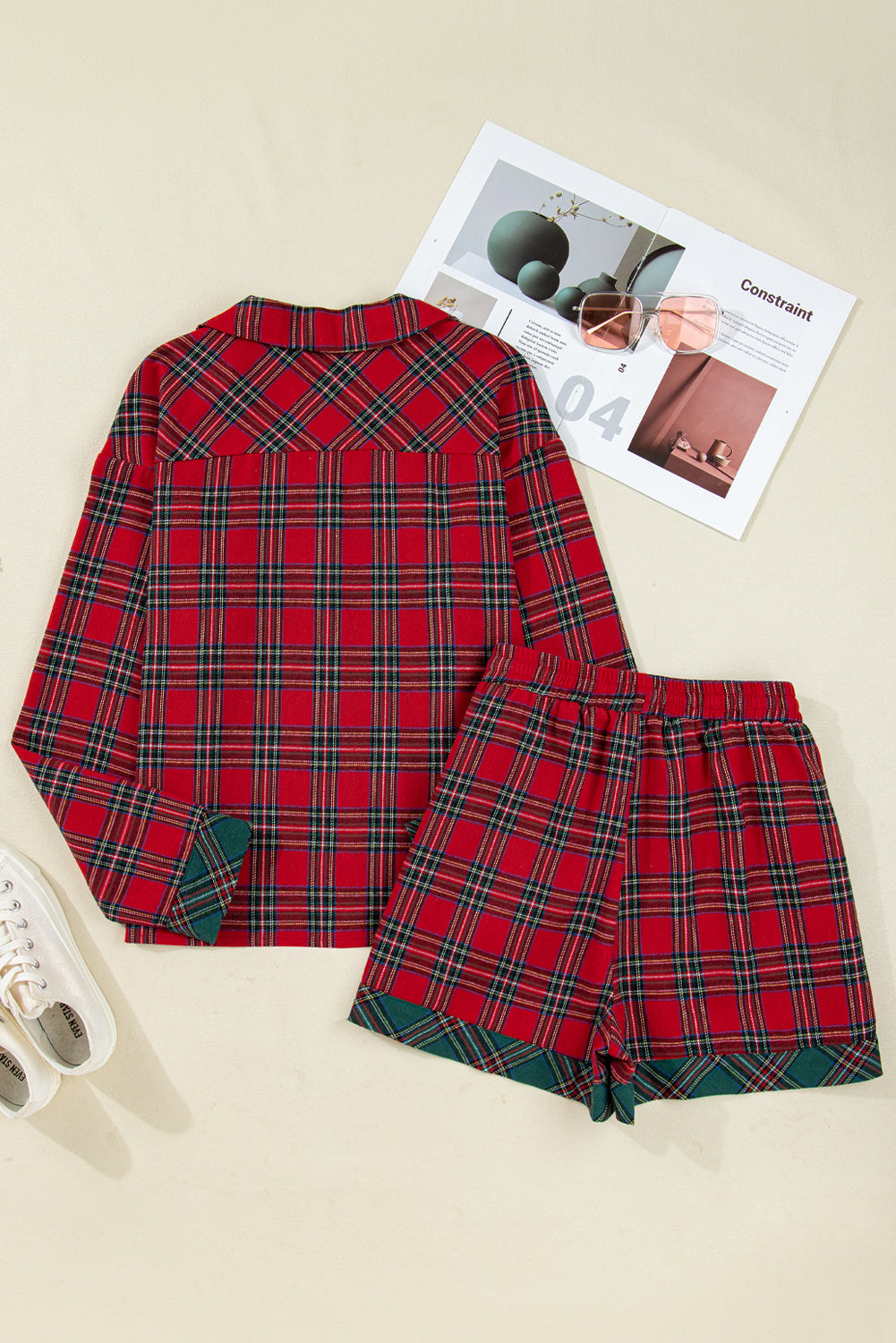 Dearlovers Red Plaid Contrast Patched Christmas Holiday Long Sleeve Shirt and Short 2pcs Pajama Set